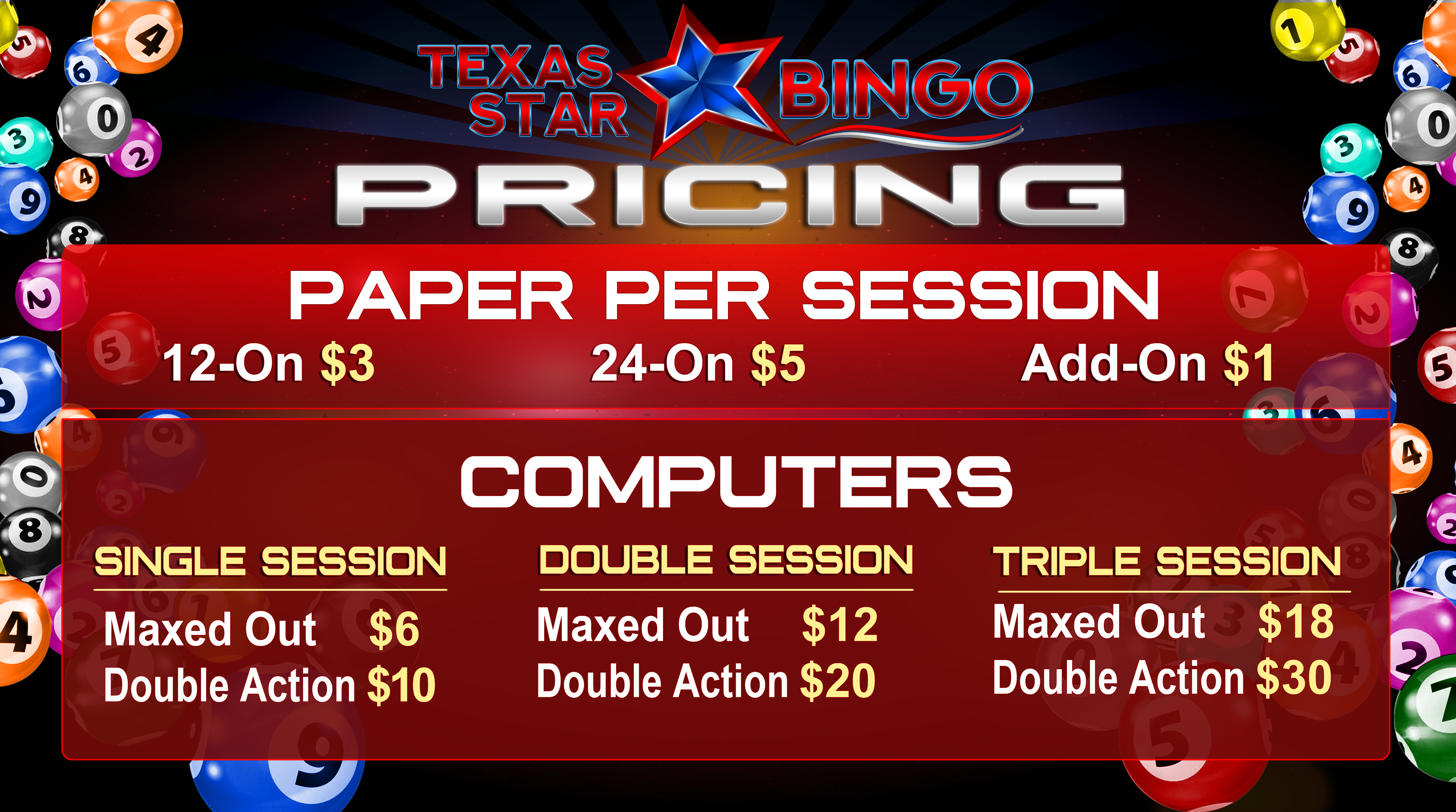 Texas Star Bingo PRICING